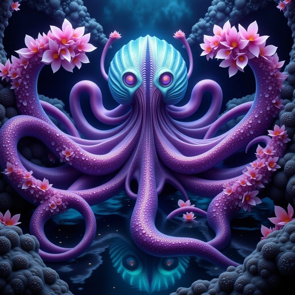 Bioluminescent Kraken with Orchid Tentacles