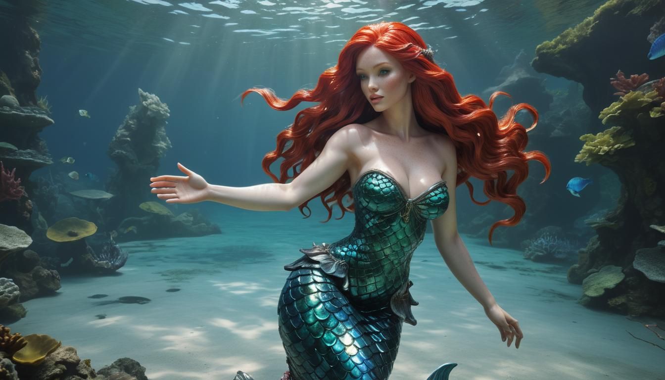 Hyper Realistic Red-Haired Mermaid Goddess in Tropical Parad...