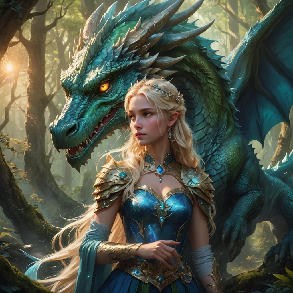 Dragon and Princess in Mystical Forest Concept Art