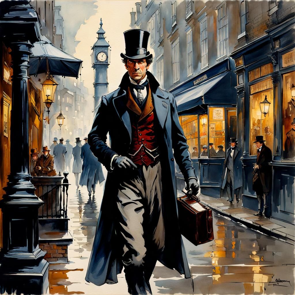 Victorian Sherlock Holmes in Foggy London Street