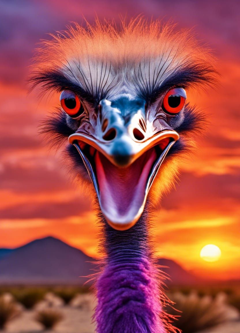 Hyperrealistic Orange Ostrich in Namibian Sunset
