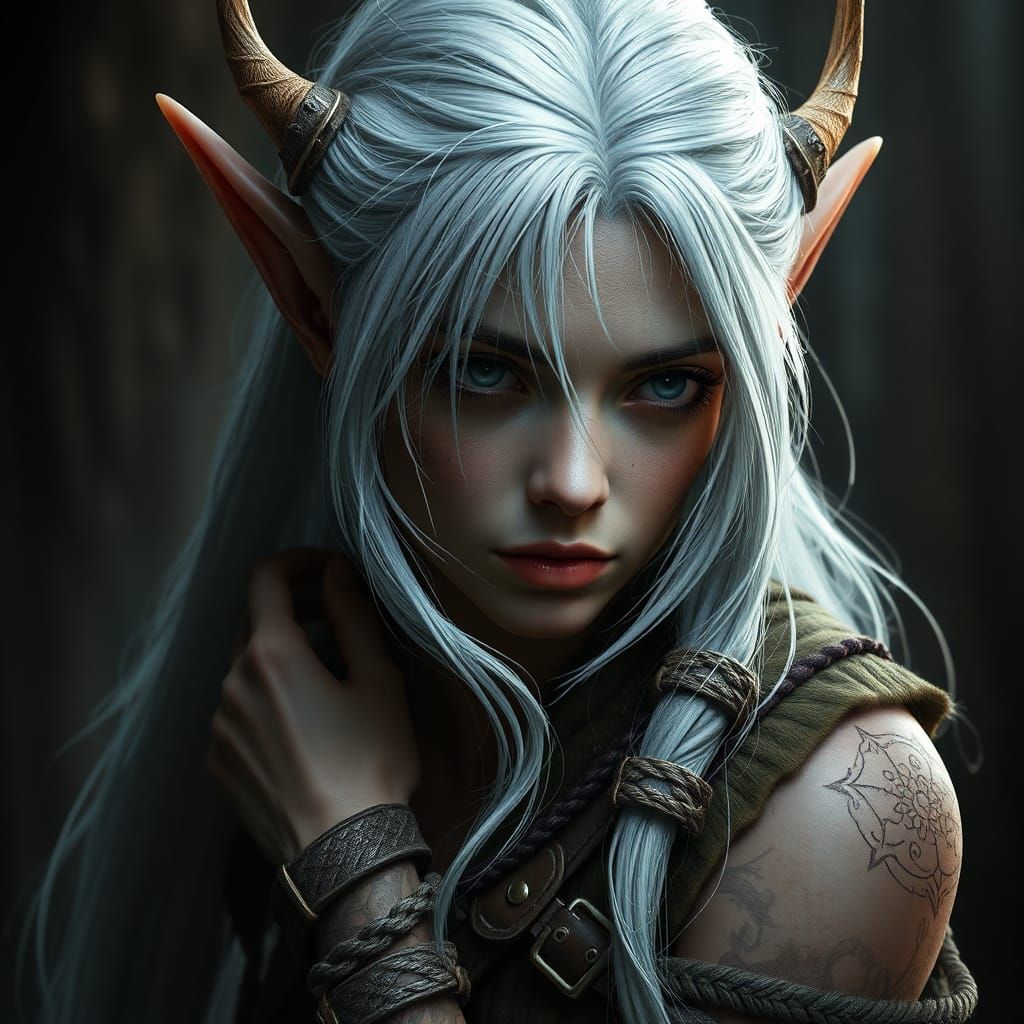 Shackled White-Haired Wood-Elf in Detailed Matte Painting