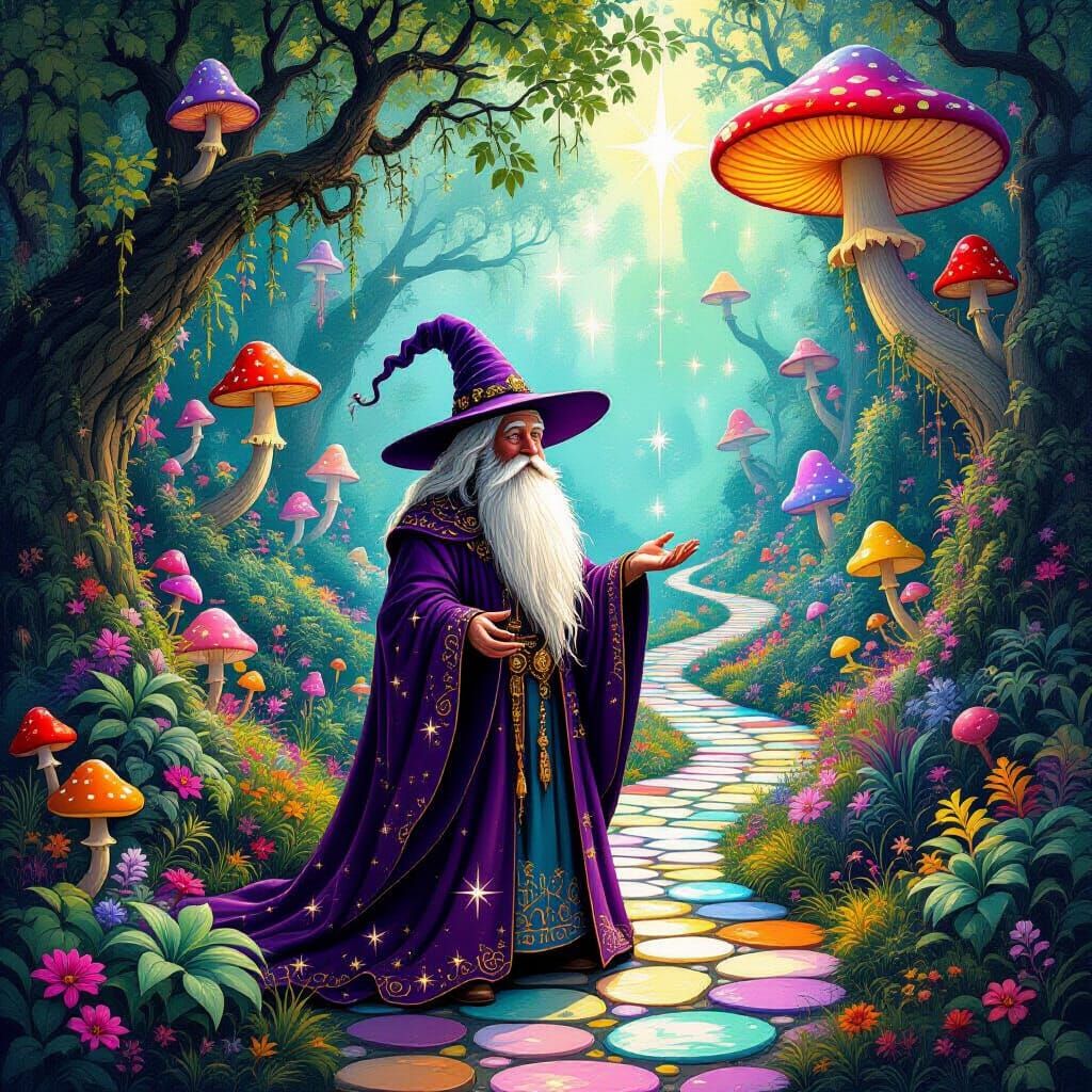 Wizard Enters Fantastical Wonderland in Surreal Fantasy Art