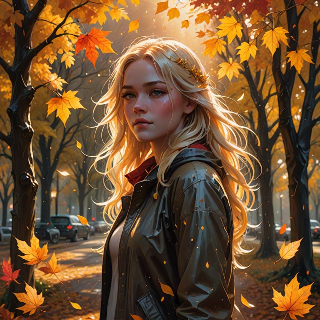Shy Girl Dancing in Autumn Rain, Golden Hour