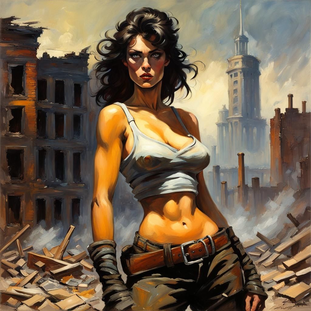 Post-Apocalyptic Heroine in City Ruins, Oil Painting