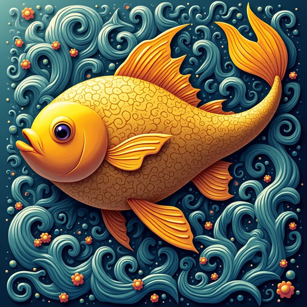 Quirky Fish in Yellow Dress, Abstract Vector Art