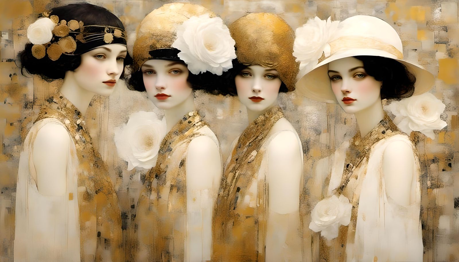 1920s Girls with White Roses in Klimt Style