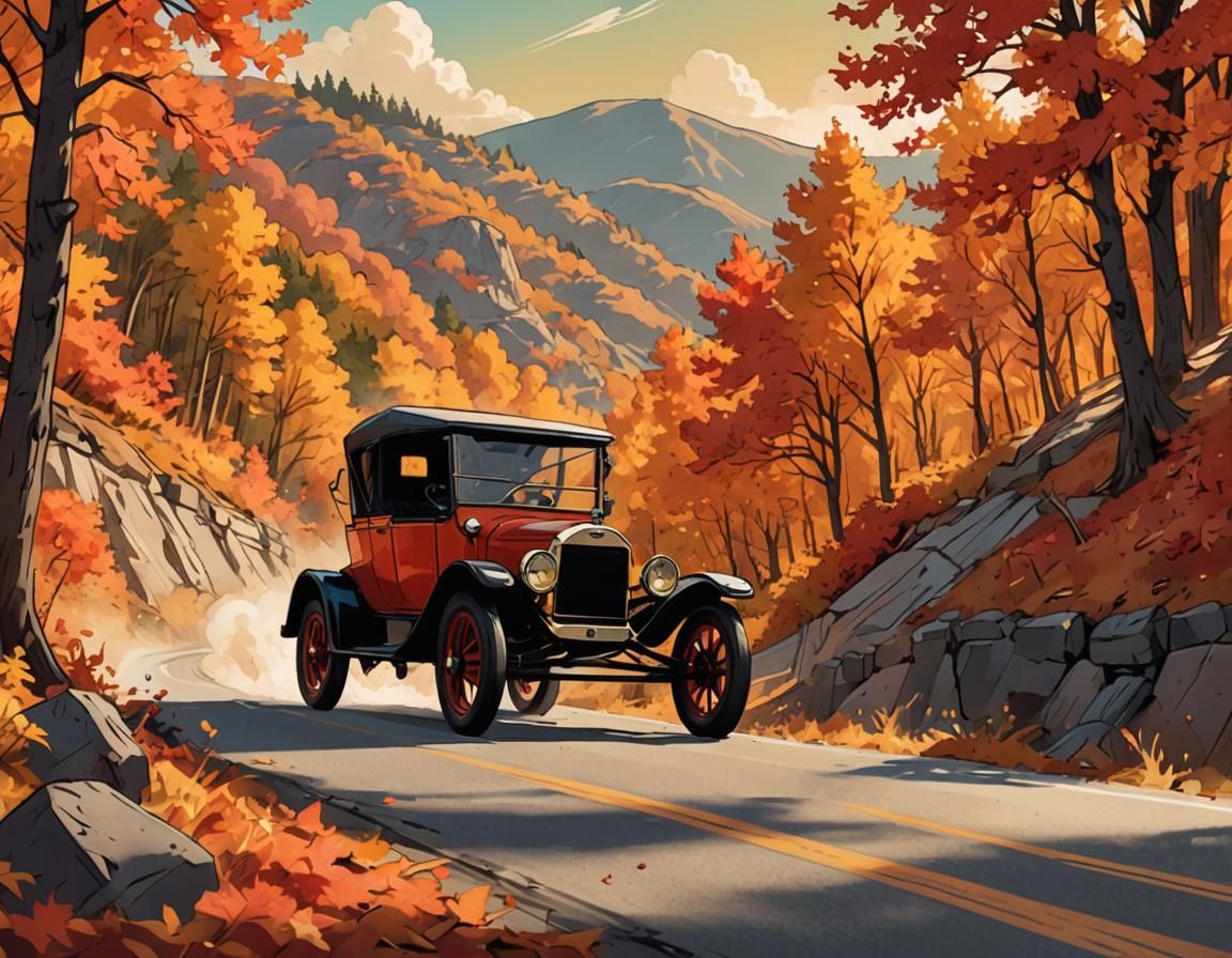 Vintage Ford on Mountain Road in Comic Art Style