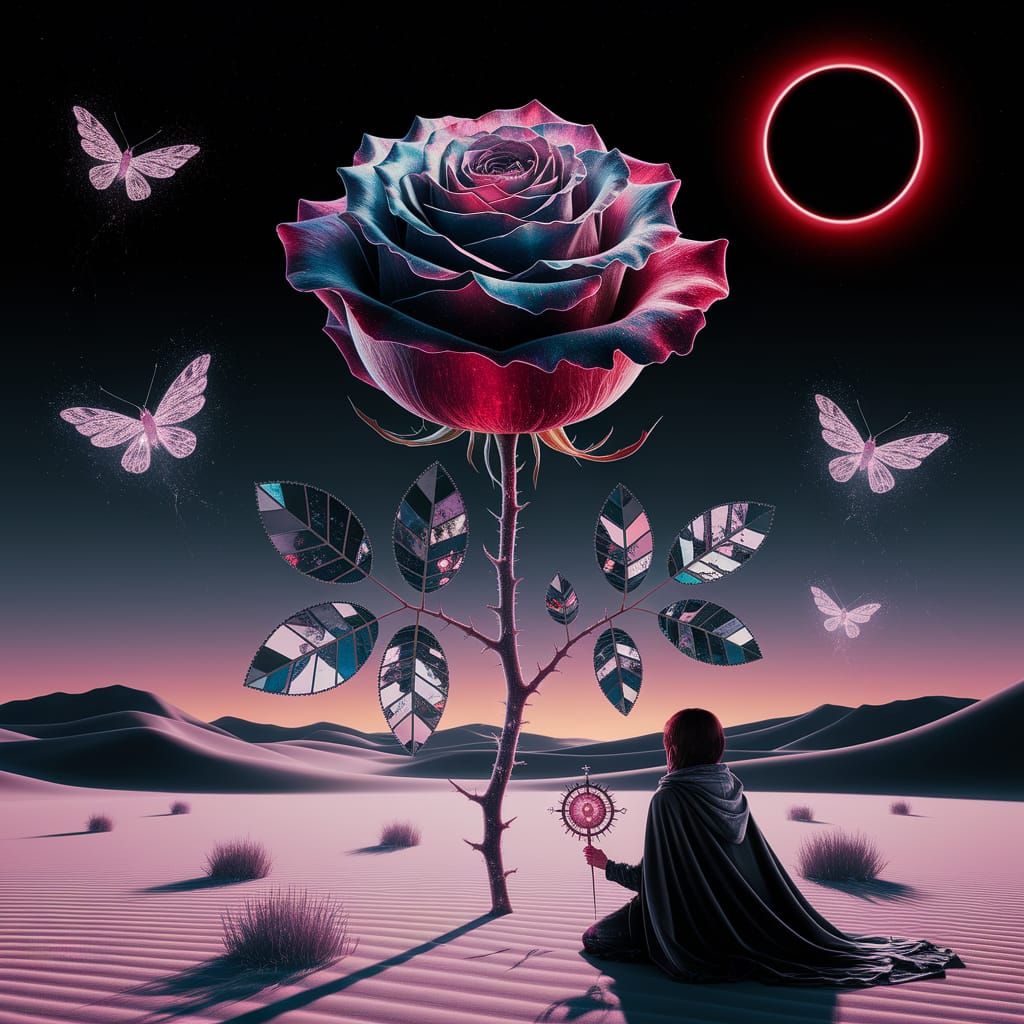 Surreal Rose Blooms Under Black Sun in Desert