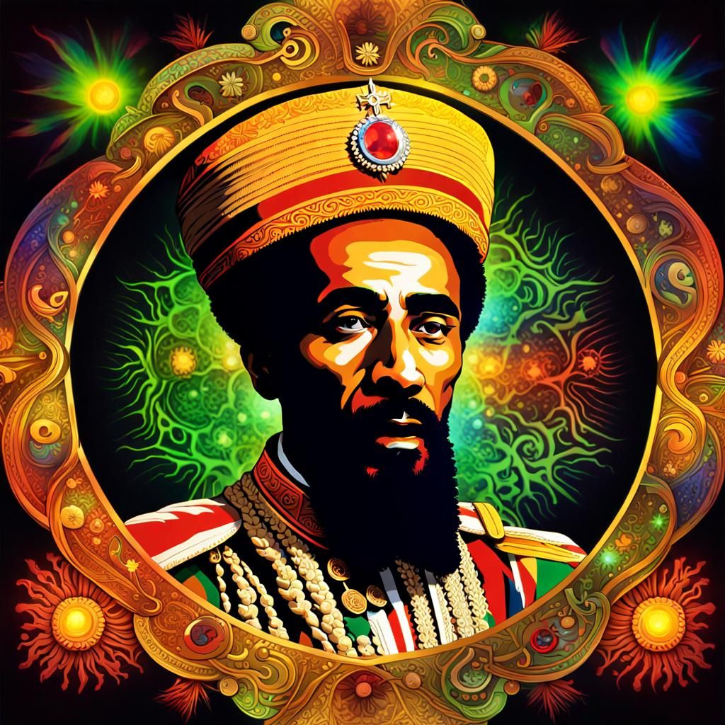 Psychedelic Portrait of Haile Selassie I in Bioluminescent S...