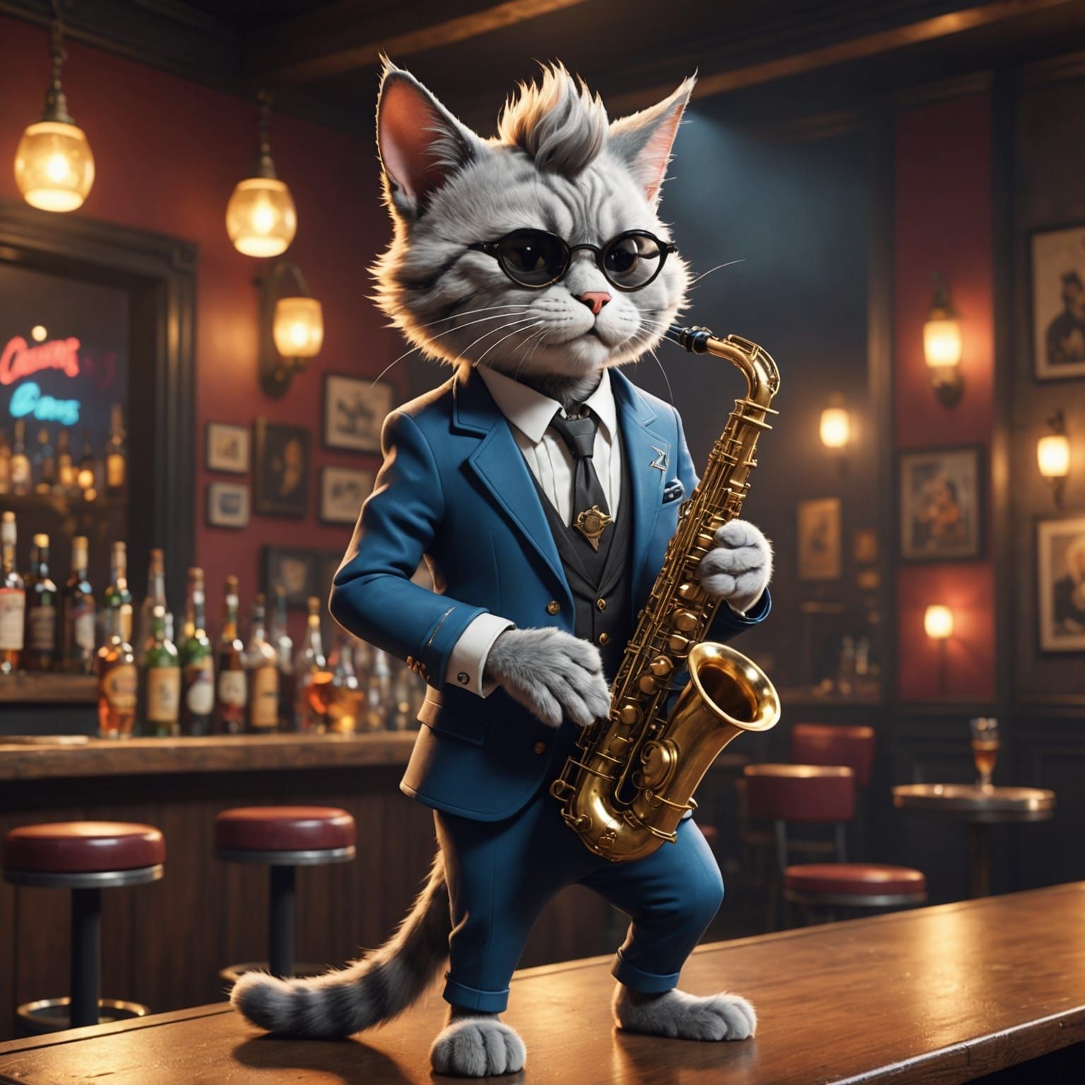 Animated Cat with Mohawk Playing Saxophone