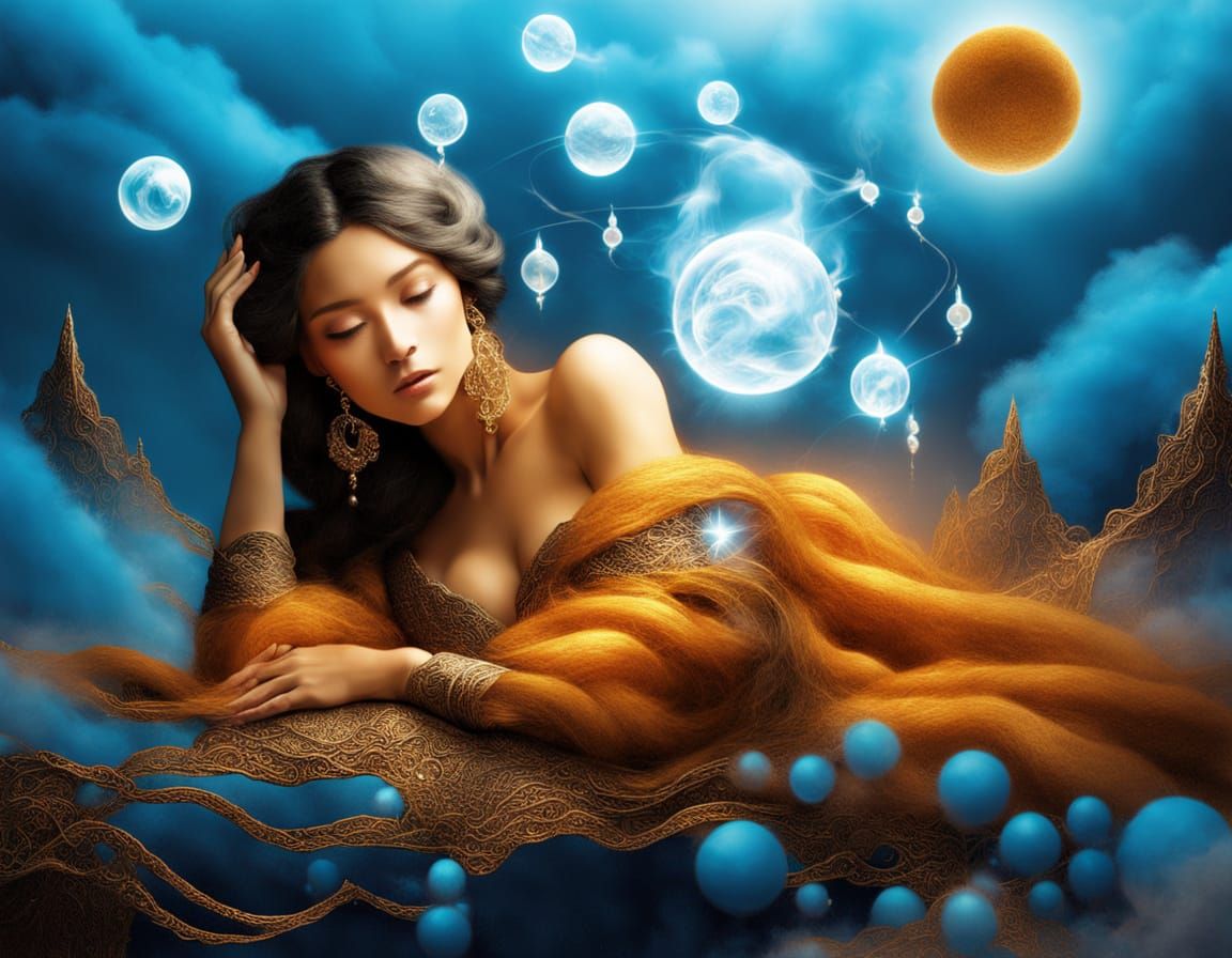 Ethereal Woman with Cloud Hair and Blue Orbs
