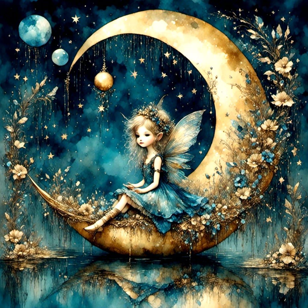 Sapphire Pixie on Golden Moon Fantasy Art