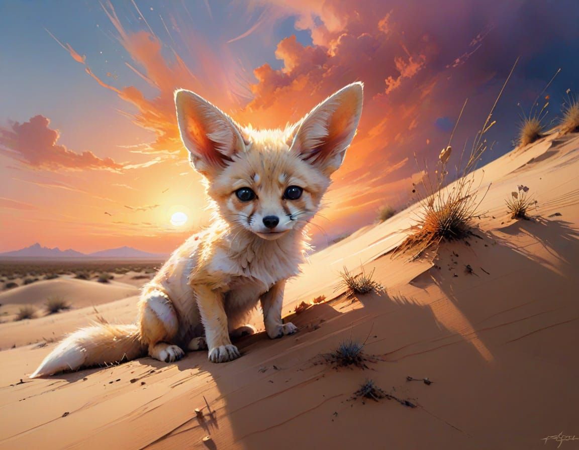 Fennec Fox Pup at Sunset: Neo-Impressionist Oil Painting