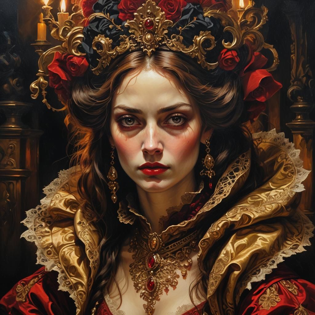 Sinister Woman in Baroque Oil Painting with Dramatic Shadows