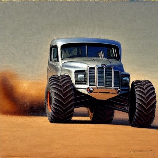 Cat in Monster Truck as Oil Painting