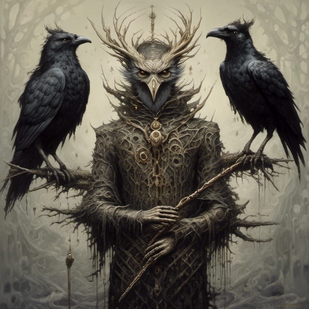 Raven God with Wand in Dark Fantasy Style
