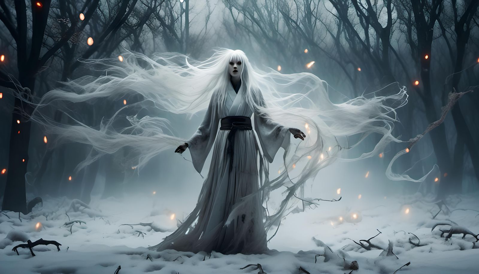 An ethereal phantom female yōkai with flowing-white-hair haunting ephemeral winterscape