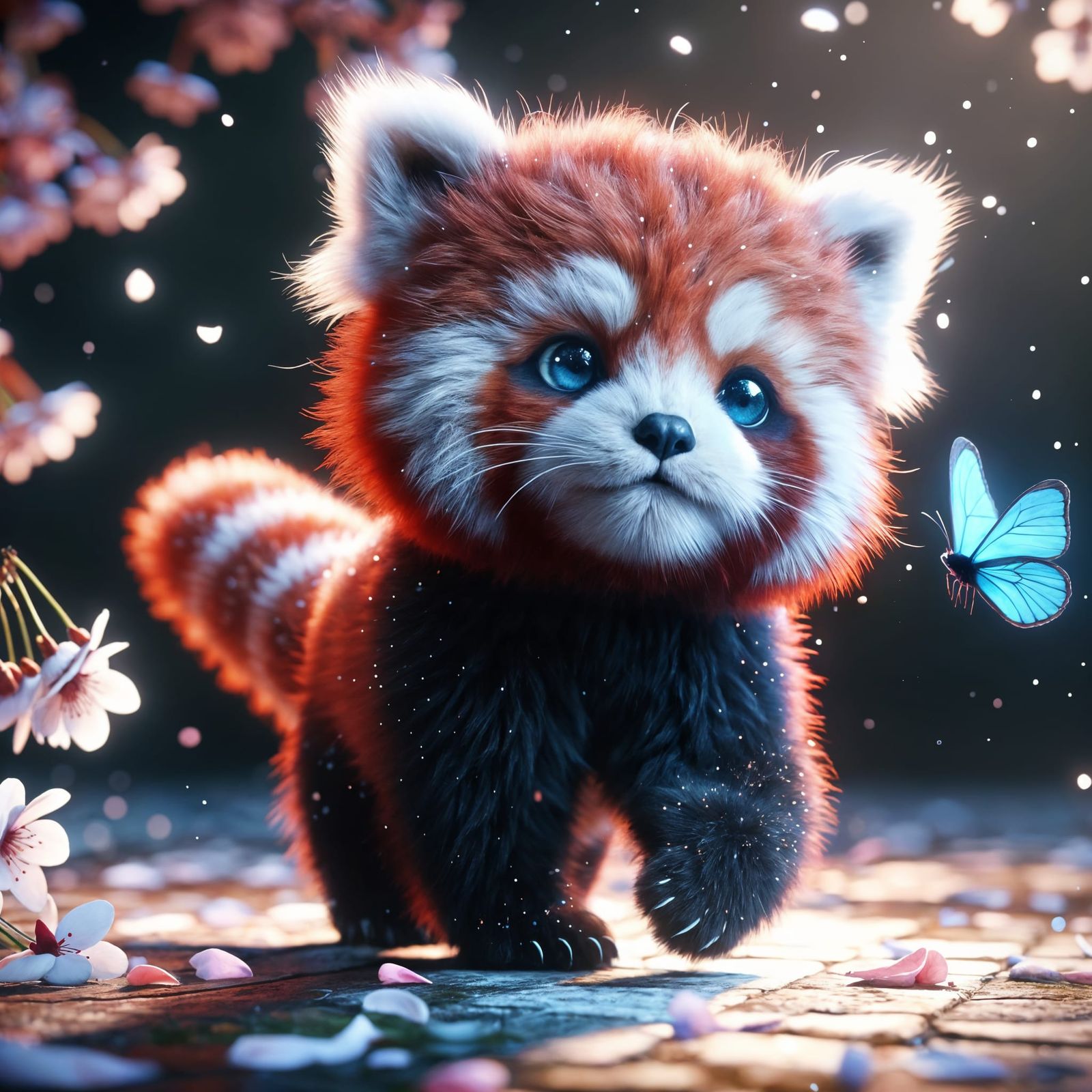 Adorable Red Panda and Blue Butterfly in Digital Art