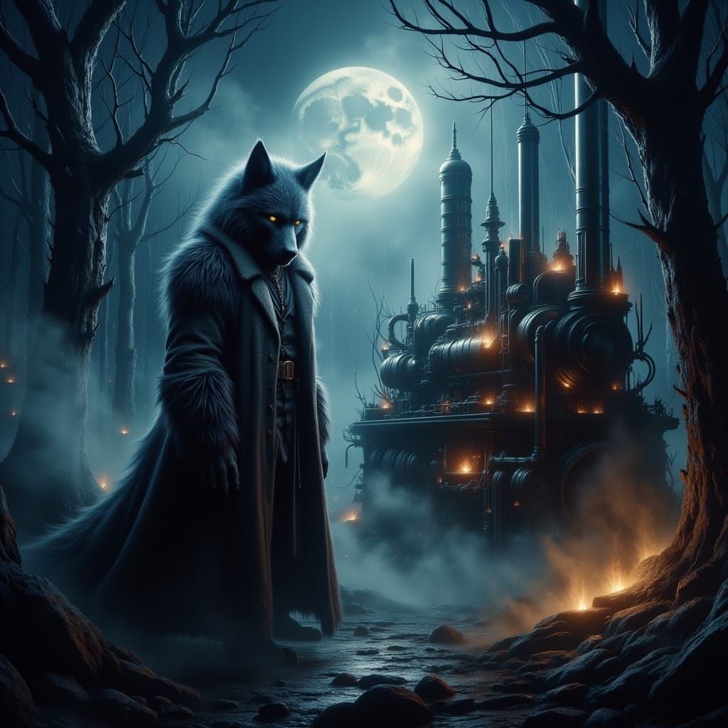 Werewolf in Victorian Coat Illuminated by Full Moon