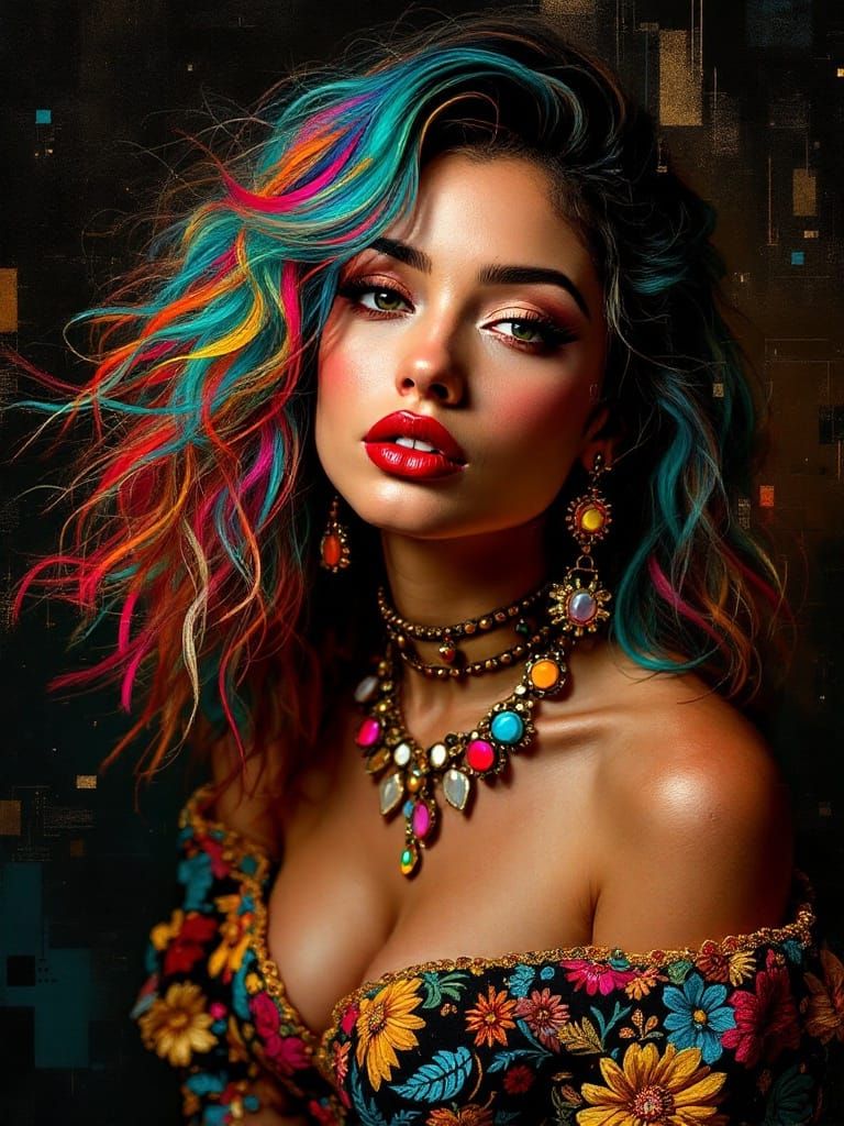 Golden Light Fuses with Digital Chaos in Whimsical Portrait