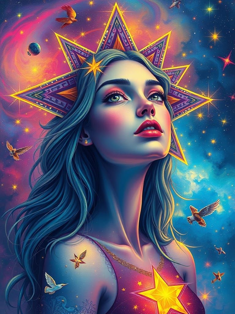 Cosmic Star Woman in Vibrant Psychedelic Art