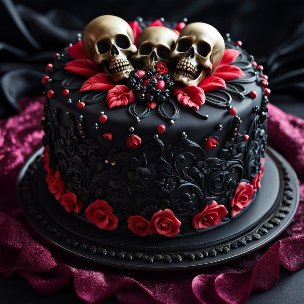 Gothic Velvet Cake with Skull Decoration