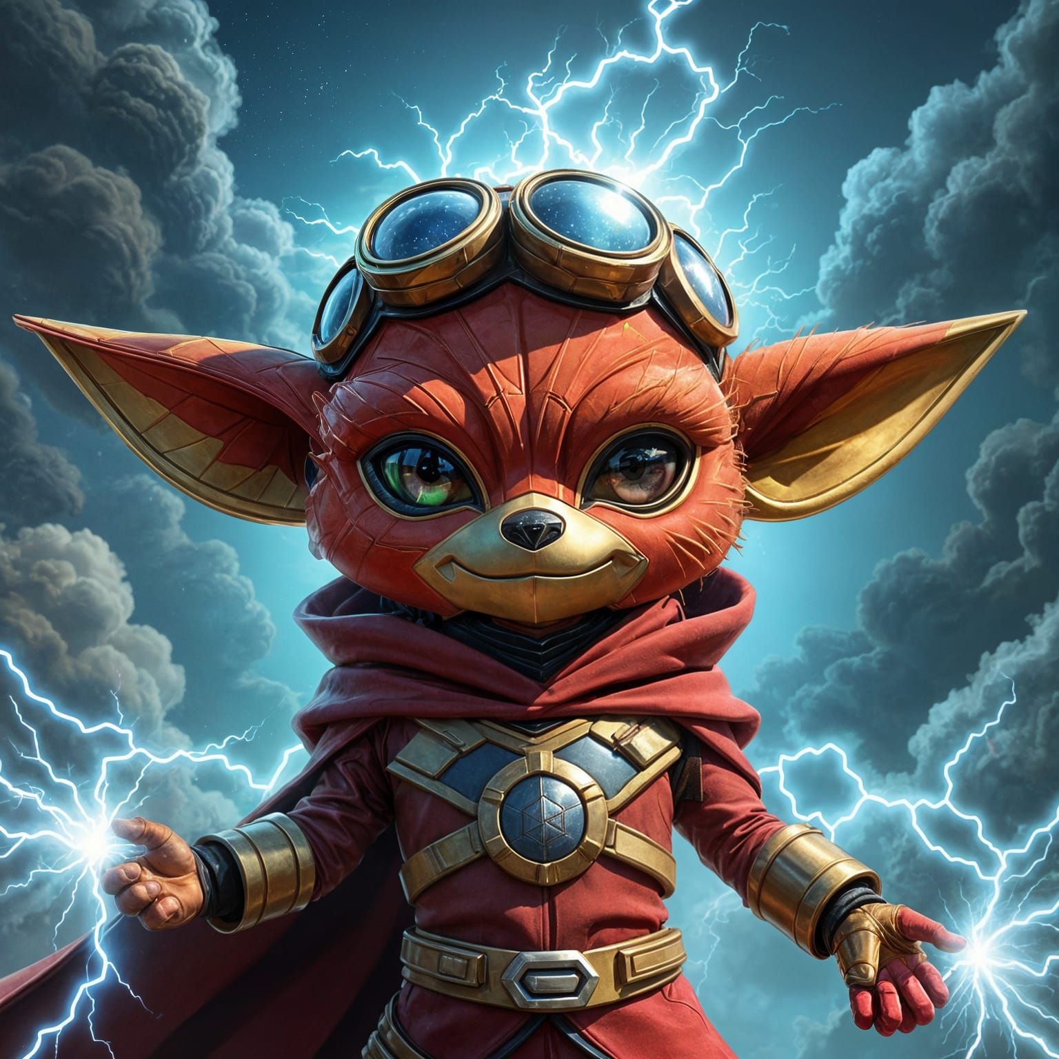 Armored Superhero Soaring Through Stormy Sky