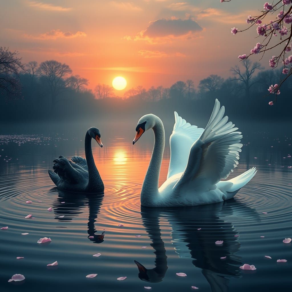 Swans Glide on Lake at Sunset in Fantasy Style