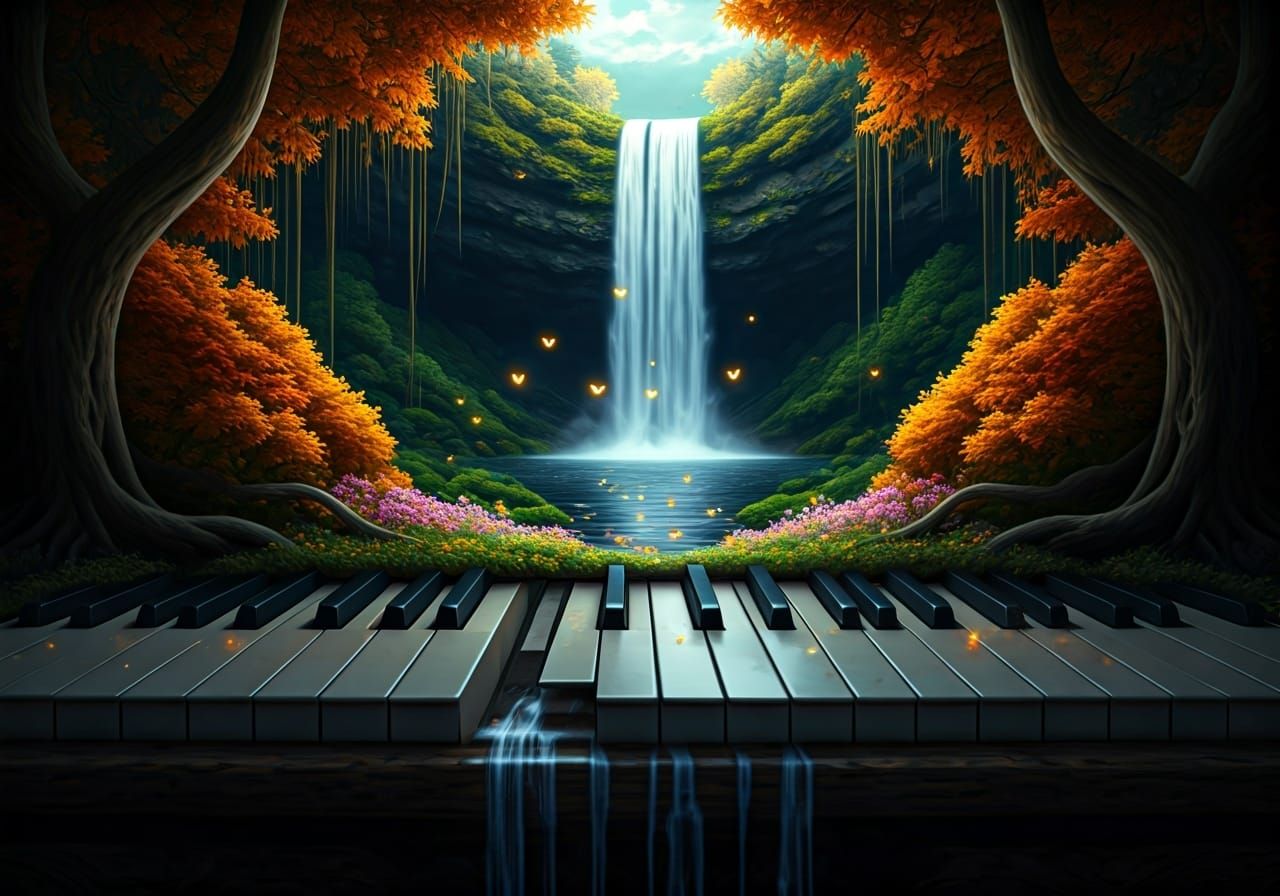 Waterfall Landscape Growing Atop Piano: Digital Art