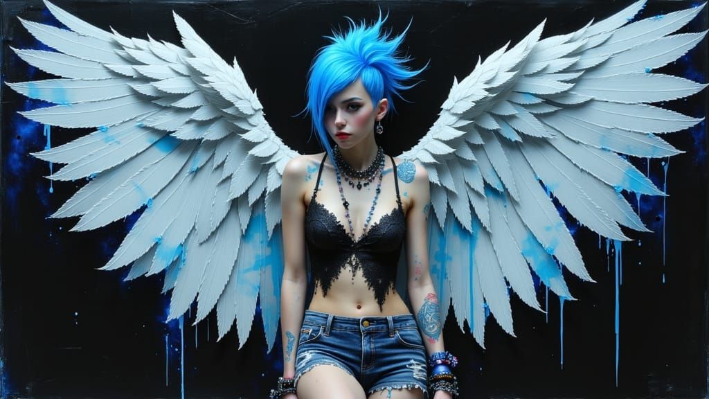 Punk Rock Angel with Blue Mohawk and Feather Wings