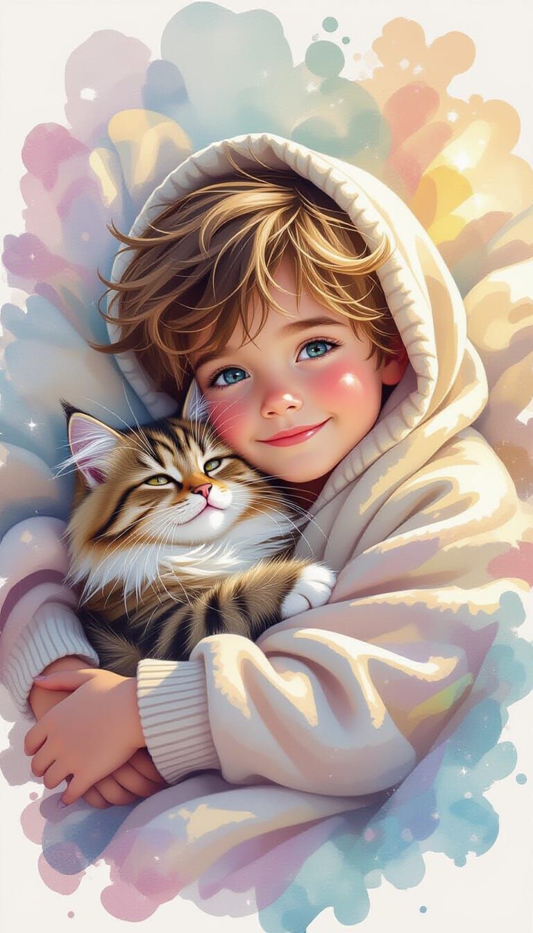 Boy Snuggling Cat with Crystalline Texture, Digital Art