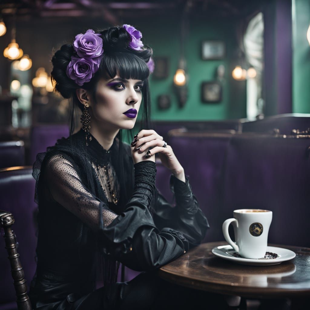Gothic Fashion Model in Coffee Shop, Tim Burton Style