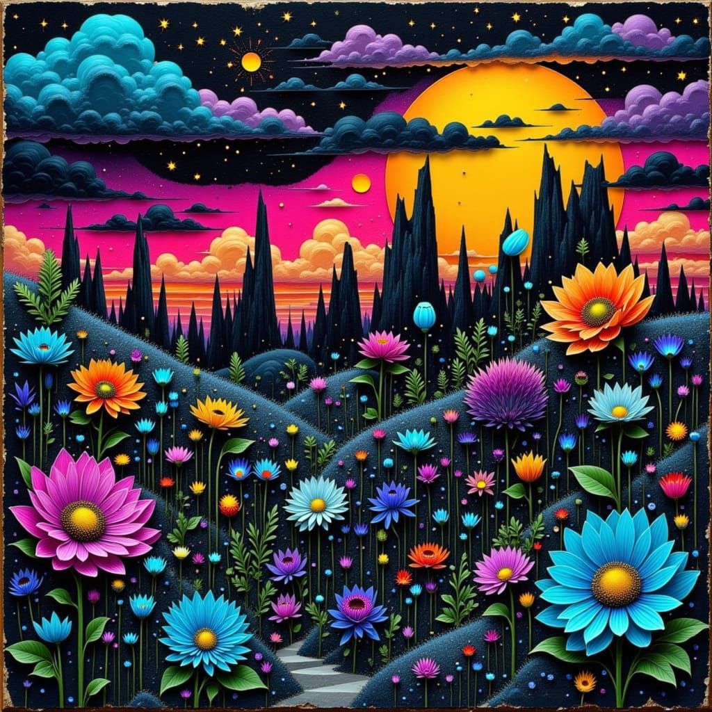 Dark Obscure Collage in Dark Blues and Bubble Gum Pink