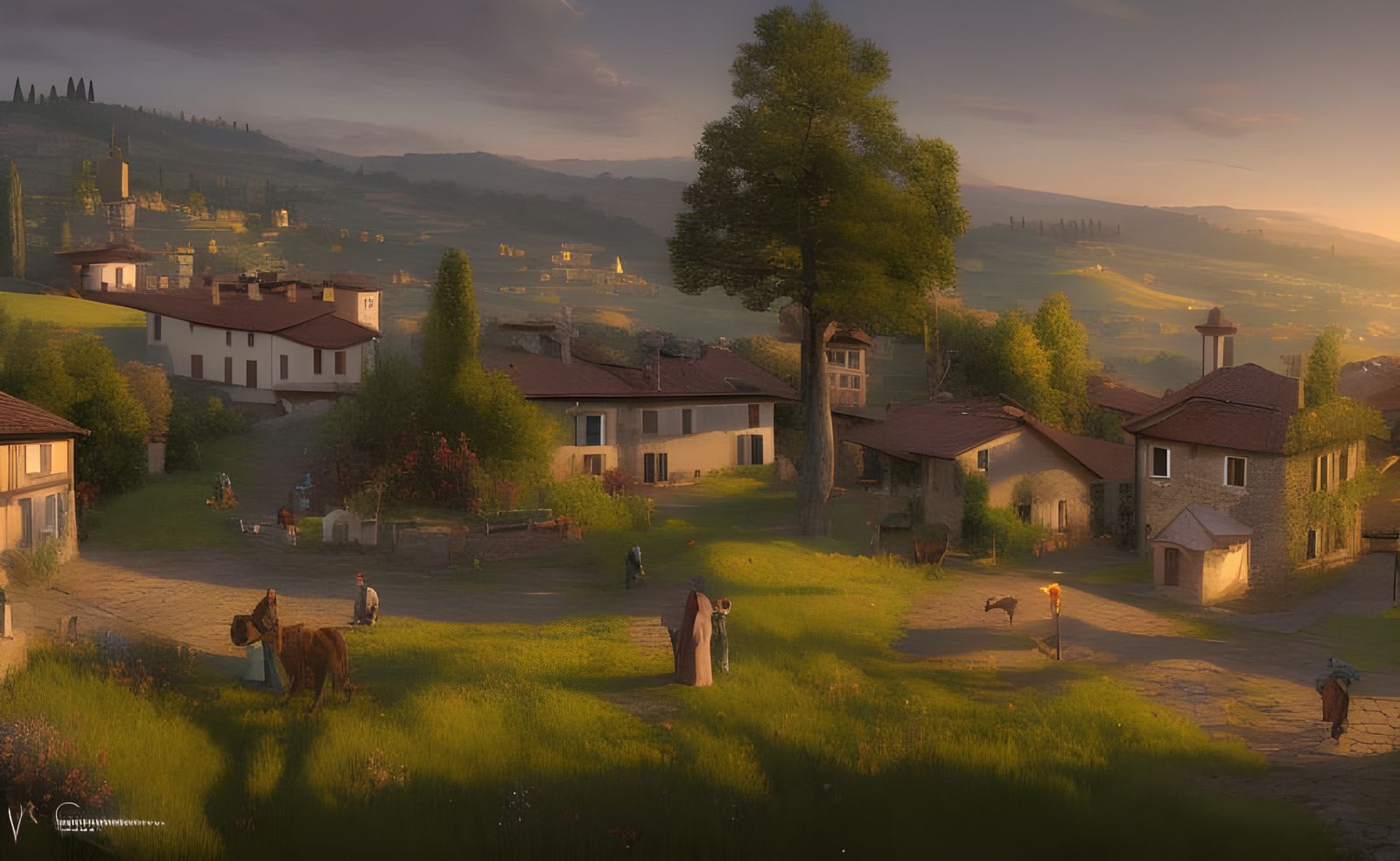 Italian Hillside Town at Sunrise: Detailed Digital Art