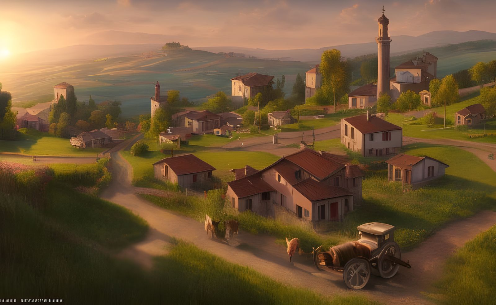 Italian Hillside Town at Sunrise in Digital Art