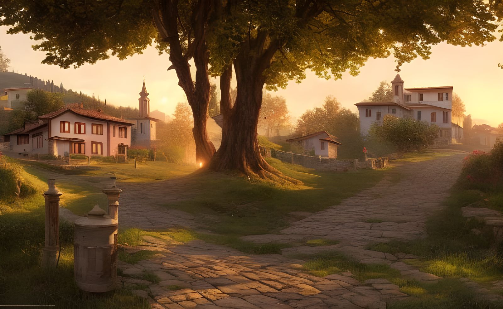 Italian Hillside Town at Sunrise, Digital Illustration