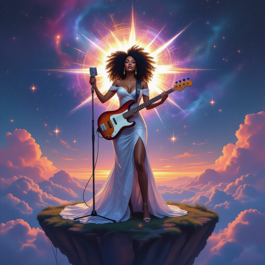 Afro-Latina Celestial Goddess with Cosmic Guitar