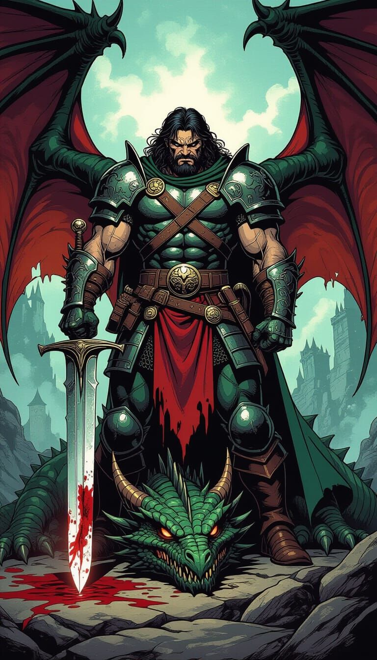 Victorious Warrior Over Dragon in Comic Book Style
