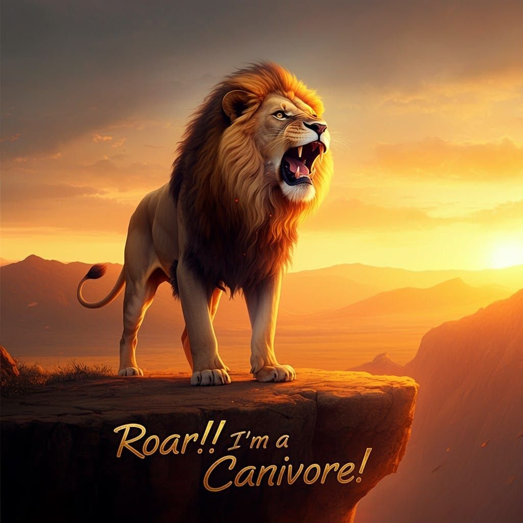 Majestic Lion Roaring at Sunset: Digital Art