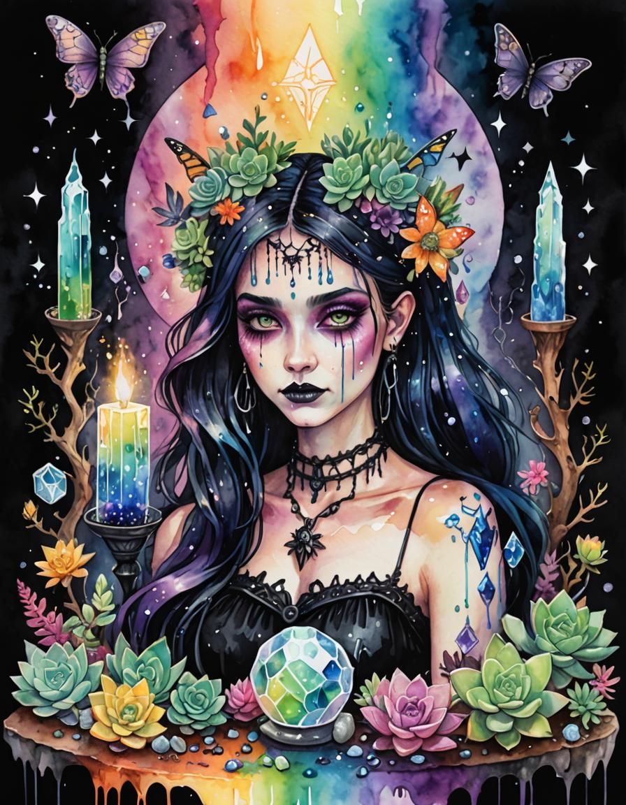 Pastel Goth Demoness with Bees in Watercolour