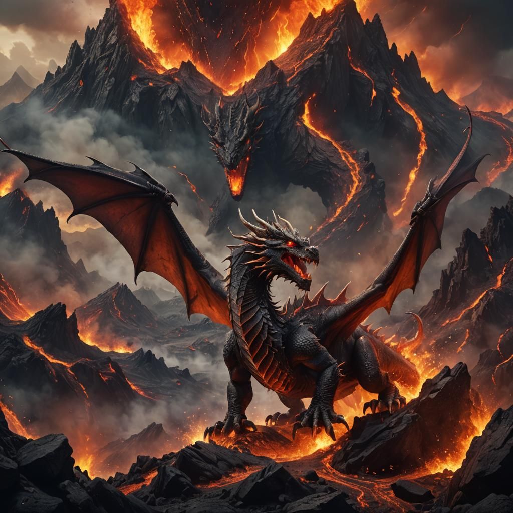 Dragon emerging from a volcano, fiery and intense, dramatic lighting, fantasy style.