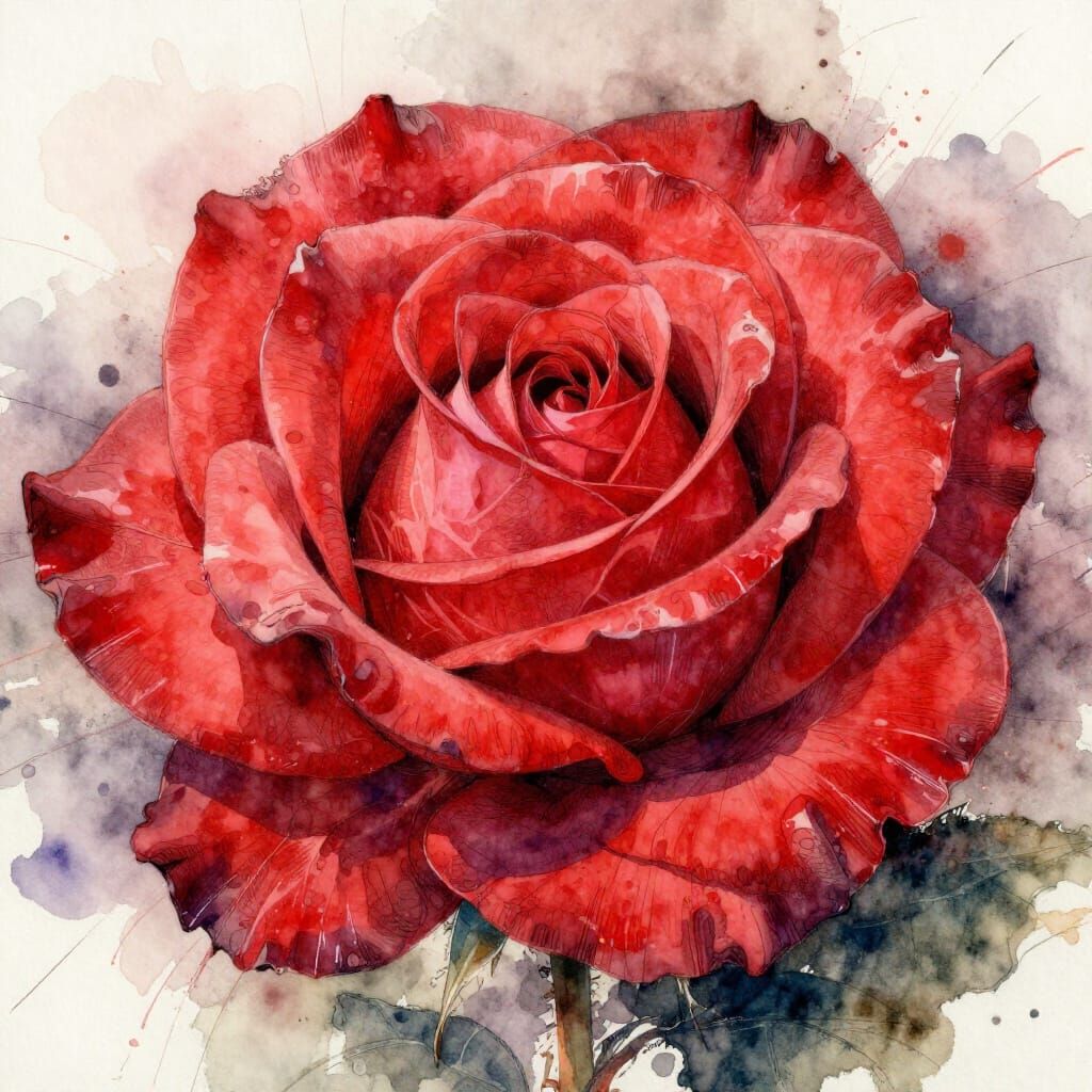 Detailed Watercolor Red Rose with Dynamic Movement