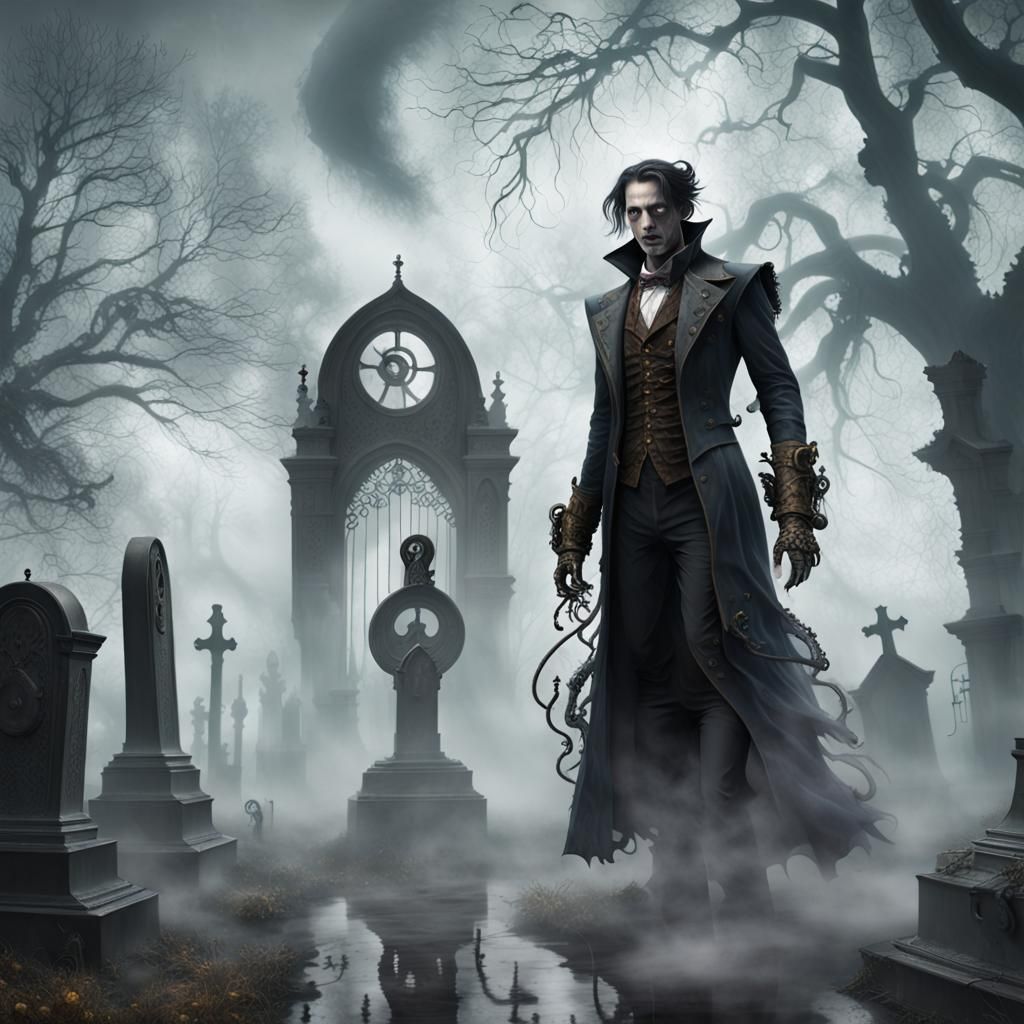 Steampunk misty  scene. The atmosphere is eerie