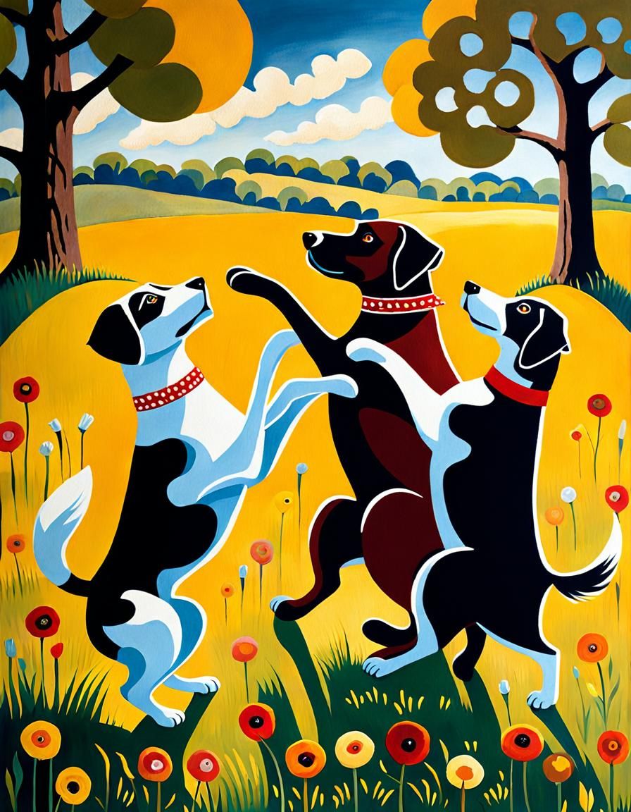 Dogs in Sunny Meadow, Naive Folk Art Style