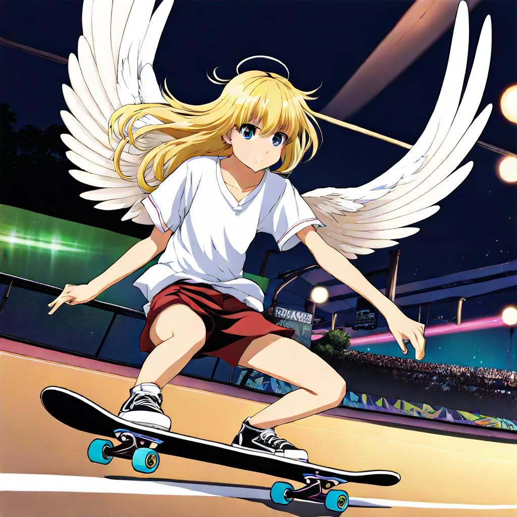 Anime Angel Shreds on Skateboard