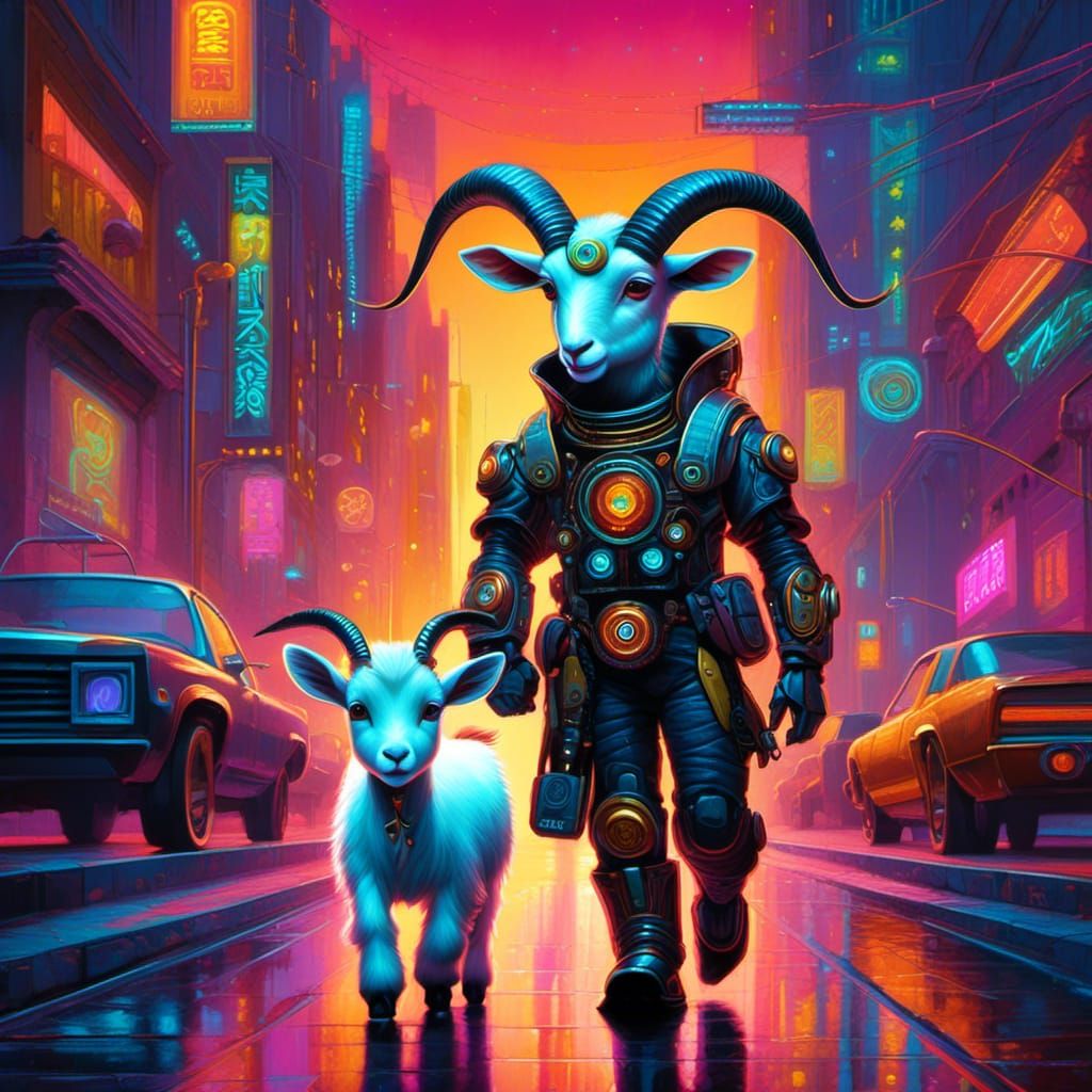Cyborg Goat and Cyberpunk Girl in Neon City