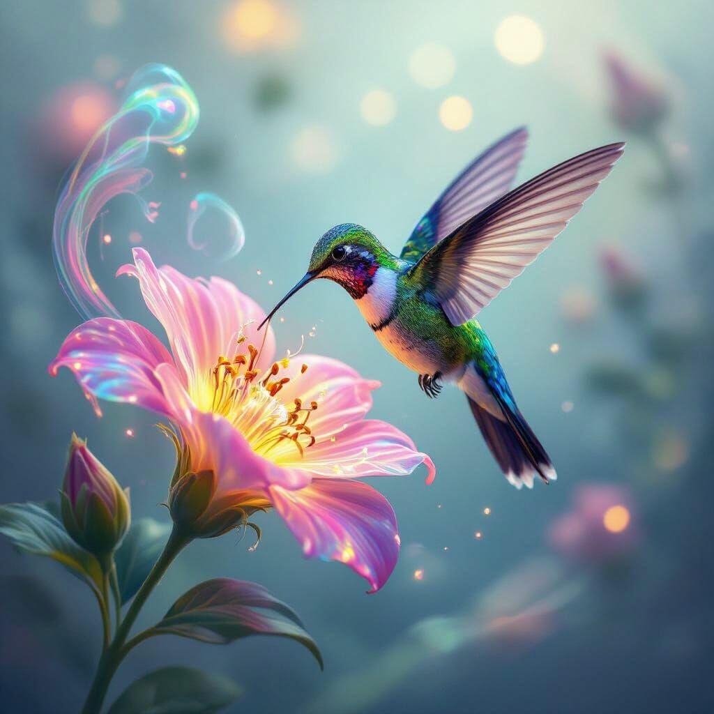 Hummingbird Sipping Nectar Amidst Iridescent Colors