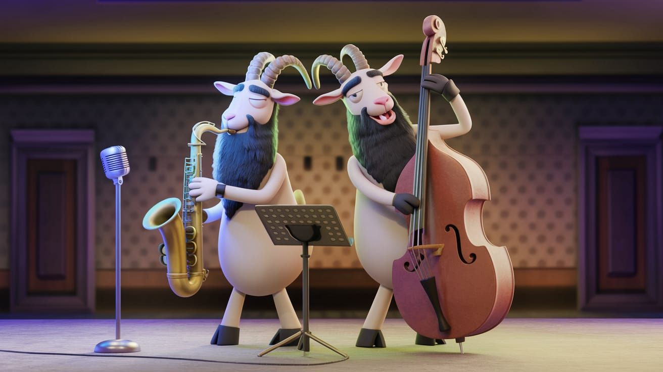 Goats with Beards Playing Jazz Music: 3D Render