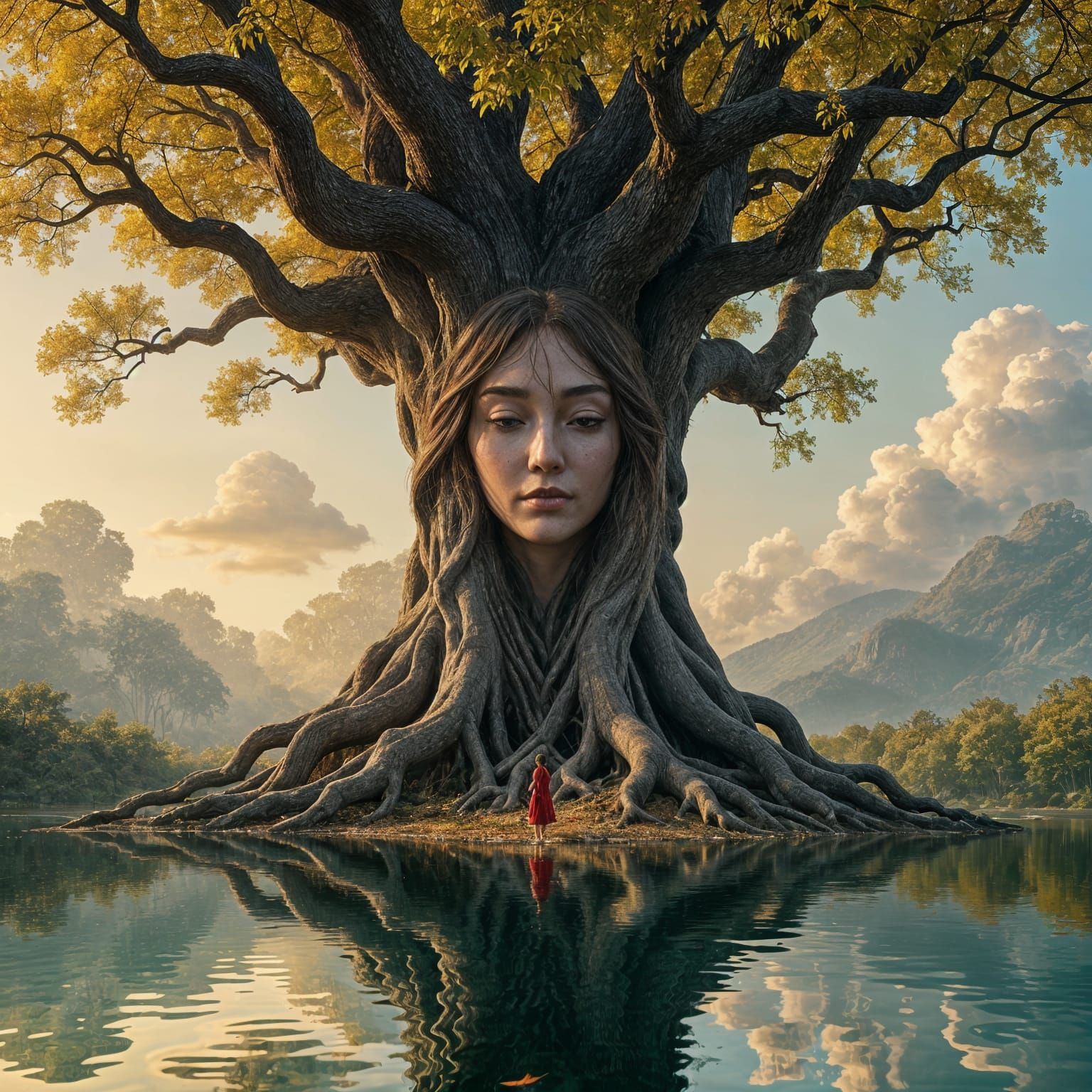 Ancient Tree Woman in Surreal Landscape